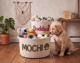 Personalized Dog Toy Basket, Woven Cotton Rope Basket, Custom Pet Storage, Puppy Toy Box, Dog Lover Gift, Dog Accessories, Cat Bin