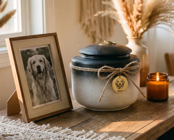 Pet Cremation Urn with Custom Engraved Portrait, Ceramic Dog Urn, Cat Ashes Keepsake, Personalized Memorial Gift for Pet Loss