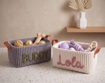Personalized Dog Toy Basket, Custom Dog Toy Box, Pet Storage Bin, Corduroy Toy Organizer, New Dog Gift, Puppy Gift Basket, Dog Accessories