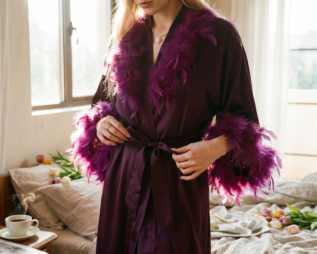 Glamorous Feather Robe Luxury Feather Trim Satin Robe, Old Hollywood Glamour Boudoir Robe ...