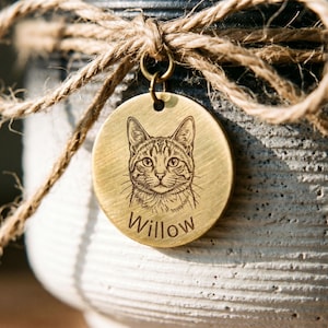 May include: A round, gold-colored pet tag with a detailed engraved portrait of a cat's face. The name "Willow" is etched below the image. The tag is attached to a decorative pot with a natural rope bow.