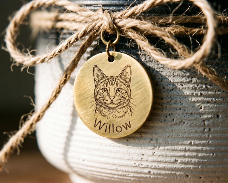 May include: A round, gold-colored pet tag with a detailed engraved portrait of a cat's face. The name "Willow" is etched below the image. The tag is attached to a decorative pot with a natural rope bow.