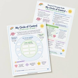 May include: Two educational worksheets titled My Circle of Control featuring colorful illustrations of a rainbow, sun, and brain. The pages include sections for In My Control and Out Of My Control, with prompts for children to write down their thoughts.