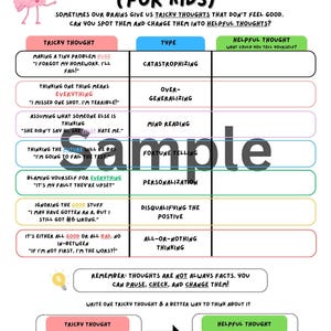 May include: A worksheet titled Tricky Thoughts (For Kids) featuring a table with columns for Tricky Thought, Type, and Helpful Thought. It lists cognitive distortions like catastrophizing and mind reading with examples, plus a section to write thoughts.