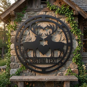 Personalized Deer Couple Metal Sign, Custom Name Buck Doe Heart Antler Wall Art, Round Cabin Lodge Decor, Anniversary Gift for Hunters