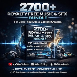 Puede incluir: Imagen promocional de un paquete de música y efectos de sonido. La imagen presenta una caja negra con el texto "2700+ Royalty Free Music & SFX Bundle". Incluye una guitarra, un saxofón, un micrófono y equipos de mezcla de audio. La imagen también incluye el texto "YouTube Videos", "Video Editing" y "TikTok & Reels".