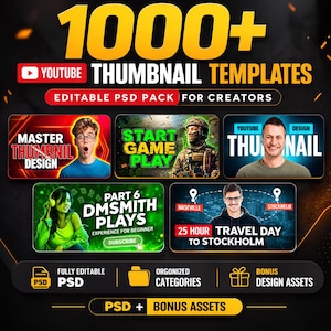 Puede incluir: Gráfico promocional con el texto "1000+ Plantillas de miniaturas de YouTube". Presenta ejemplos de miniaturas, incluyendo temas de juegos y viajes, y destaca "Paquete PSD editable para creadores".