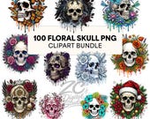 100 Floral Skull Clipart Bundle, Gothic Skull, Sublimation PNG, Halloween