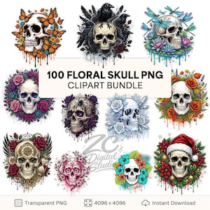 Pacote com 100 imagens de caveiras florais, caveira gótica, PNG para sublimação, Halloween