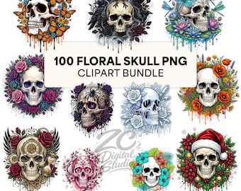 100 Floral Skull Clipart Bundle, Gothic Skull, Sublimation PNG, Halloween