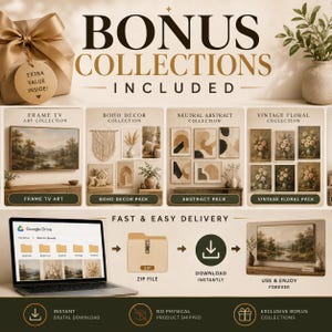 May include: An advertisement for digital art collections. The image features a gift box, framed art, and a laptop displaying art options. Text includes "Bonus Collections Included" and "Fast & Easy Delivery."