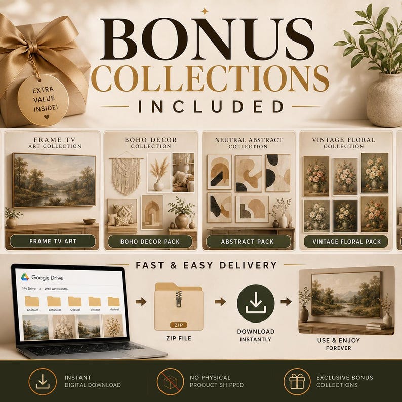 May include: An advertisement for digital art collections. The image features a gift box, framed art, and a laptop displaying art options. Text includes "Bonus Collections Included" and "Fast & Easy Delivery."