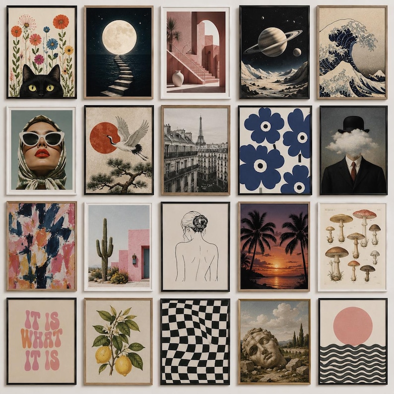 May include: A collection of framed art prints featuring diverse themes. Includes a black cat peeking through flowers, a full moon over water, a pink building with a cactus, and a sunset over the ocean. Other prints depict a woman, a crane, and the Eiffel Tower.