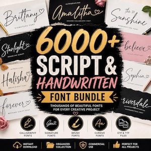 Może przedstawiać: Reklama cyfrowego pakietu czcionek z tekstem 6000+ SCRIPT & HANDWRITTEN FONT BUNDLE w kolorze złotym i różowym. Wyświetlacz zawiera różne przykłady czcionek, takie jak Brittany, Amalitha, Starlight, Halisha i Sophia z ikonami serca.