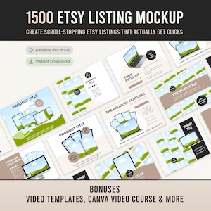 Könnte beinhalten: Ein Mockup mit verschiedenen Etsy-Listing-Vorlagen. Das Design zeigt mehrere digitale Produkt-Mockups mit Bildschirmen, die Produktbilder und -titel anzeigen. Der Text enthält "1500 Etsy Listing Mockup" und "Create scroll-stopping Etsy listings that actually get clicks."