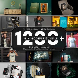 May include: A promotional image showcasing a 1200+ Mix Mockup Bundle. The image includes various product mockups, such as t-shirts, framed art, and cosmetic bottles. The text "PLR MRR Included" is also visible.