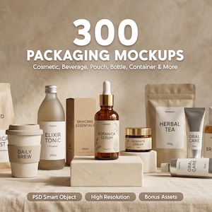 May include: A collection of cosmetic and beverage packaging mockups. Includes coffee bag, to-go cup, glass bottles, serum bottle, cream jar, tea pouch, tubes, and a bottle. The text on the image says "300 Packaging Mockups".