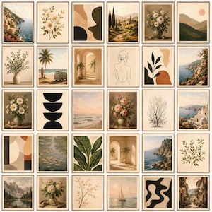 May include: A collection of framed art prints featuring various vintage-style landscapes, floral arrangements, and abstract designs. The prints showcase a range of colors, including beige, brown, green, and blue, with some featuring coastal scenes, botanical illustrations, and minimalist line art.