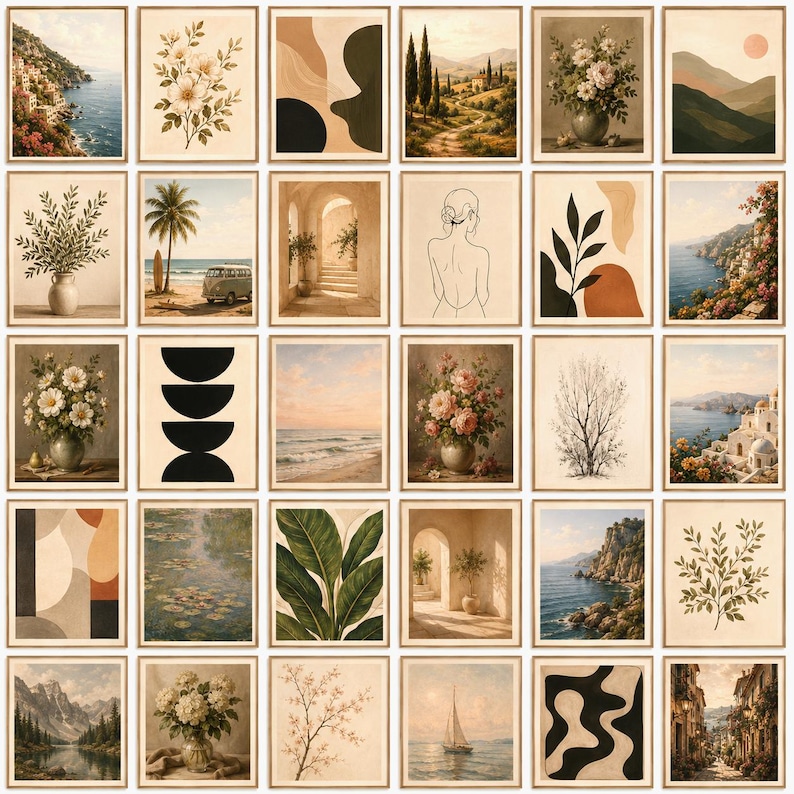 May include: A collection of framed art prints featuring various vintage-style landscapes, floral arrangements, and abstract designs. The prints showcase a range of colors, including beige, brown, green, and blue, with some featuring coastal scenes, botanical illustrations, and minimalist line art.