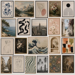May include: A collection of framed art prints featuring various themes. Includes floral, landscape, abstract, and architectural designs. The color palette varies, with some prints showcasing blues, greens, and earth tones, while others feature black and white or neutral hues.