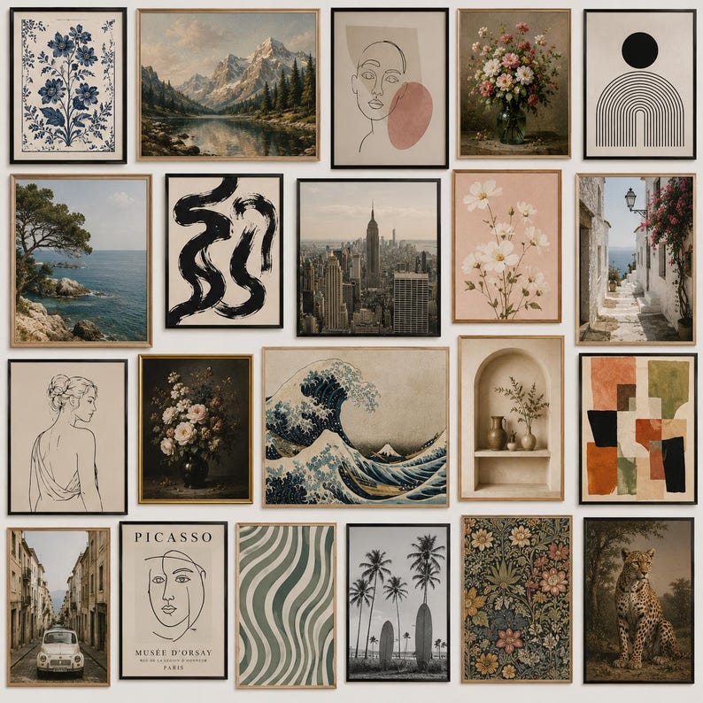 May include: A collection of framed art prints featuring various themes. Includes floral, landscape, abstract, and architectural designs. The color palette varies, with some prints showcasing blues, greens, and earth tones, while others feature black and white or neutral hues.