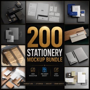 May include: A digital collection of 200 stationery mockup templates featuring various business cards, letterheads, and envelopes in diverse layouts. The central text reads 200 STATIONERY MOCKUP BUNDLE, with icons for high resolution, PSD smart objects, and easy editing.