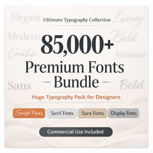 以下が含まれることがあります： 「Ultimate Typography Collection」と「85,000+ Premium Fonts Bundle」のテキストが入った正方形のグラフィック。 「Script Fonts」や「Serif Fonts」などのフォントカテゴリのボタンが含まれています。 「Commercial Use Included」というフレーズも表示されています。