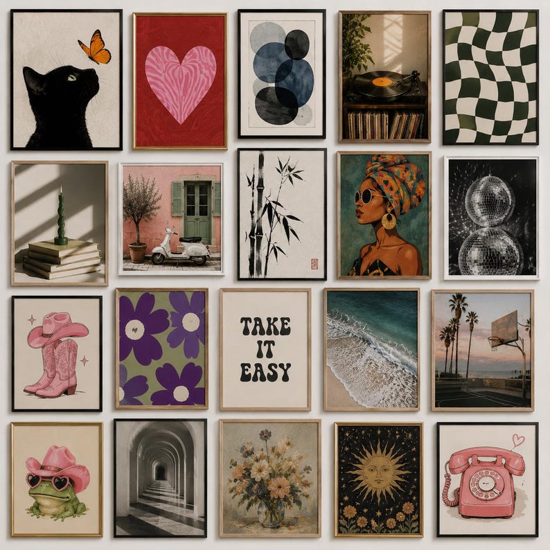 May include: A collection of framed art prints featuring various designs. The prints include a black cat with a butterfly, a pink heart, abstract shapes, a record player, a checkerboard pattern, a candle, a scooter, bamboo, a woman with a head wrap, disco balls, cowboy boots, flowers, beach scenes, and a telephone.