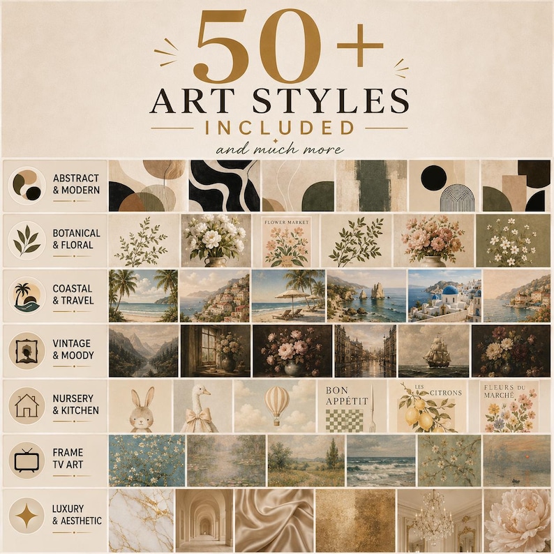 May include: A collection of 50+ art styles, including abstract, botanical, coastal, vintage, nursery, and luxury themes. The image features various art prints with floral, landscape, and abstract designs. Text includes "50+ ART STYLES INCLUDED" and other labels.