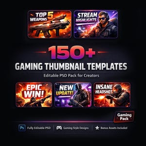 Puede incluir: Gráfico promocional para plantillas de miniaturas de juegos. El diseño presenta seis ejemplos de miniaturas con texto como "Top 5 Weapons" y "Stream Highlights". El texto central dice "150+ Gaming Thumbnail Templates".