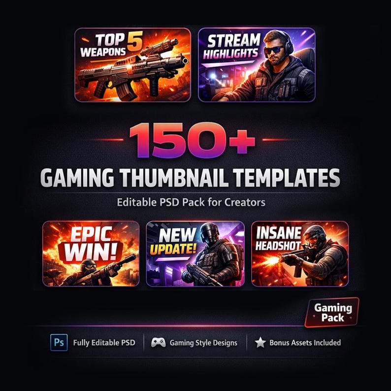 150 Gaming Youtube Thumbnail Templates for Streamers, Editable PSD Pack ...