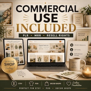 May include: A digital wall art product display with a laptop, tablet, and mug. The laptop screen shows an Etsy shop. The image includes text: "COMMERCIAL USE INCLUDED" and "USE IN YOUR SHOP Today!"