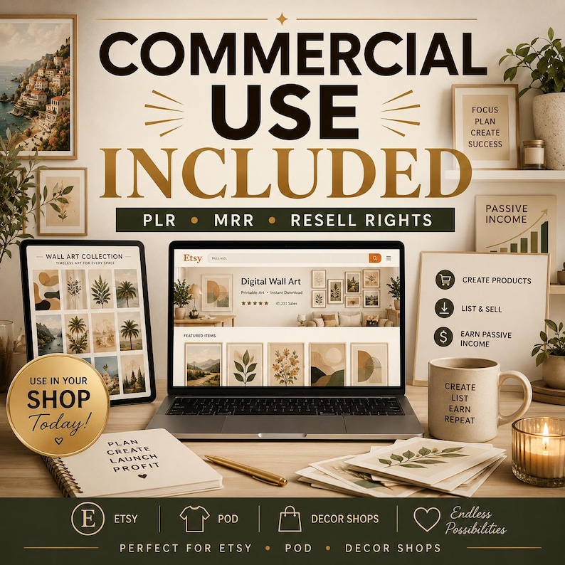 May include: A digital wall art product display with a laptop, tablet, and mug. The laptop screen shows an Etsy shop. The image includes text: "COMMERCIAL USE INCLUDED" and "USE IN YOUR SHOP Today!"