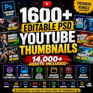 Può includere: Grafica promozionale per miniature di YouTube, con il testo "1600+ Miniature YouTube PSD Modificabili" e "14.000+ Risorse Incluse". Il design presenta esempi di miniature e icone per varie categorie come giochi e affari.
