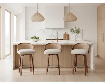 Bar Stools Set of 3, Swivel Rattan Counter Height Bar Stools, Mid Century Modern Kitchen Bar Stool Chairs, Walnut Wood Farmhouse Breakfast
