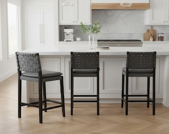 Bar Stools Set of 4, Mid Century Modern Counter Stools, Rattan Bar Stool with Leather Woven Back, Wooden Kitchen Bar Stool, Farmhouse