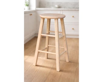 Solid Parawood Round Top Stool – Unfinished Farmhouse Bar Stool, Paint Ready Seat