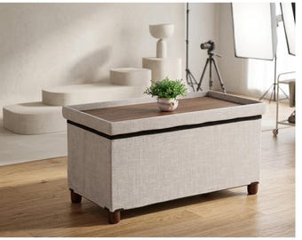 Storage Ottoman Bench with 68L Hidden Storage - 30” End of Bed Bench for Bedroom, Linen Fabric Foot Rest with Wooden Legs, Entryway Shoe