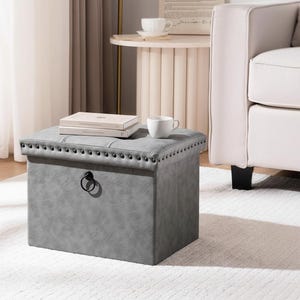 May include: A gray storage ottoman with a tufted top and metal stud trim. A black ring pull is on the front. Two books and a white teacup sit on top. The ottoman is in a living room setting.