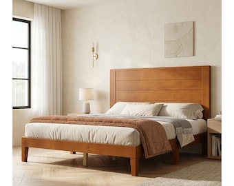 Queen Bed Frame, Mid Century Modern Solid Wood Platform Bed, 48" Tall Headboard Storage Bed Frame, No Box Spring Needed Wooden Bed