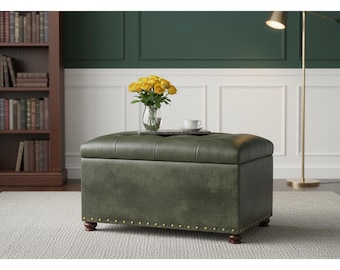Storage Ottoman Bench with Storage, 24" Faux Leather Foot Rest and End of Bed Bench for Bedroom, Entryway Bench with Upholstered Seat