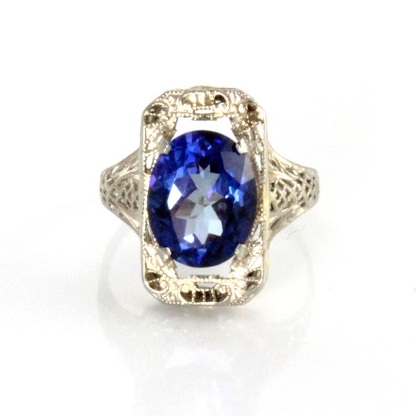 14K Antique Art Deco Mystic Glacier Blue Topaz Filigree Ring