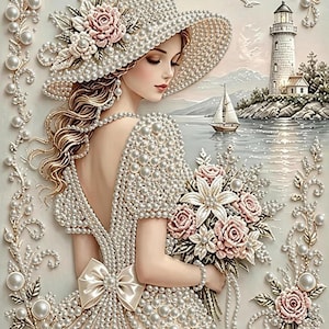 May include: A decorative wall art piece featuring a person in a wide-brimmed hat and dress adorned with white pearls, holding a bouquet of pink and white flowers. The background depicts a coastal scene with a lighthouse, sailboat, and birds.