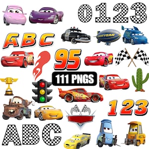 Könnte beinhalten: Eine Sammlung farbenfroher Cartoon-Autografiken, darunter Lightning McQueen, Mater und andere Charaktere. Enthält auch Zahlen, Buchstaben und Rennflaggen. Der Text "111 PNGS" ist ebenfalls vorhanden.