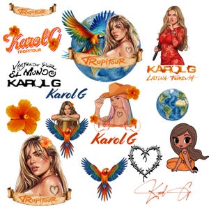 Op de afbeelding: Een verzameling Karol G-stickers en illustraties. Bevat afbeeldingen van de zangeres, papegaaien, bloemen en tekst met de tekst "Karol G" en "Tropitour". De ontwerpen zijn levendig en opvallend.