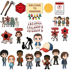 Puede incluir: Una colección de ilustraciones de dibujos animados y accesorios de la serie de televisión Stranger Things. Incluye personajes, un gofre, una gorra de béisbol, un letrero que dice "Welcome to Hawkins" y un letrero que dice "Demogorgons are not allowed".