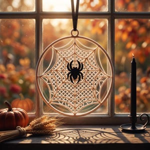 May include: A circular cream-colored hanging ornament featuring an intricate web pattern with a solid black spider silhouette at the center. The piece is suspended by a black ribbon and displays a detailed geometric mesh design throughout the frame.