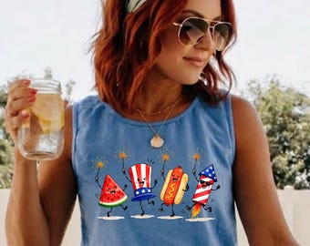 Funny 4th of July Tank Top, Cute Patriotic Characters Shirt, Red White Blue Hotdog Tee, Vintage Independence Day Gift, Comfort Colors Top