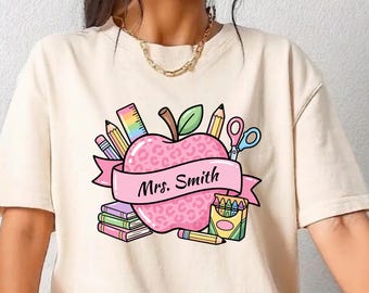 Custom Teacher Shirt, Personalized School Name Tshirt, Cute Leopard Apple Graphic Tee, Back To School Gift For Women Mom