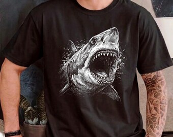 Vintage Shark Shirt, Comfort Colors 1717 Black Tee, Realistic Great White Shark Engraving T-Shirt, Ocean Graphic Daywear, Gift For Shark Fan
